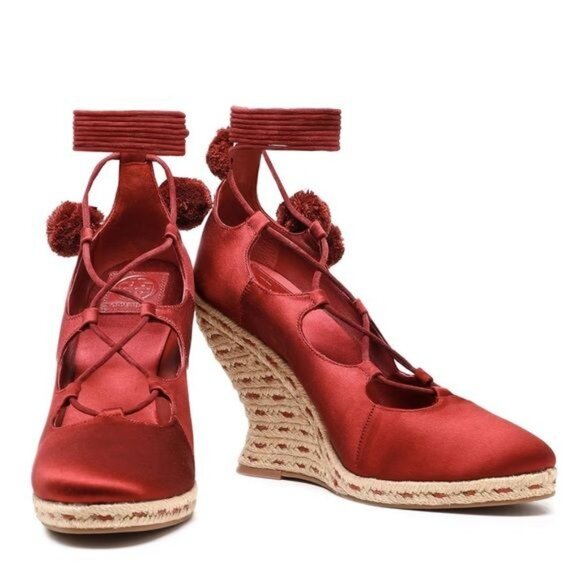 New Tory Burch Red Pompom-embellished Lace-up Satin Wedge Espadrilles Merlot 7 - Picture 16 of 16